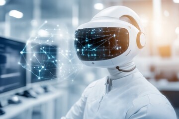 A game developer testing a new VR simulation in a high-tech computer lab