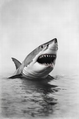 Naklejka premium Majestic Great White Shark Breaching the Surface in Black and White