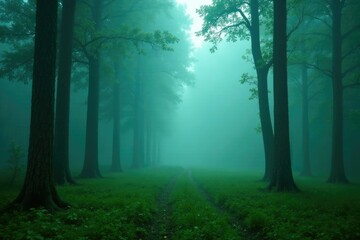 Obraz premium Dense fog in the forest environment surrounding tree trunks, atmospheric, misty, greenery