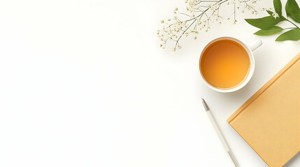 Tea break on a desk with foliage, book and pen on a white surface. Calm scene. Possible use blog post or website banner