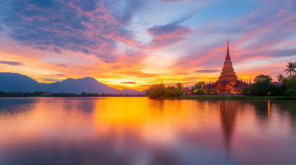 Obraz premium Temple reflecting on lake at dusk. Spiritual landmark for tourism or religion, with tranquil scenery and vibrant sky in the background