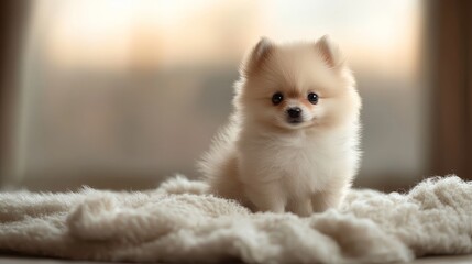 Adorable fluffy pomeranian puppy on soft blanket indoor setting close-up view cute and playful concept