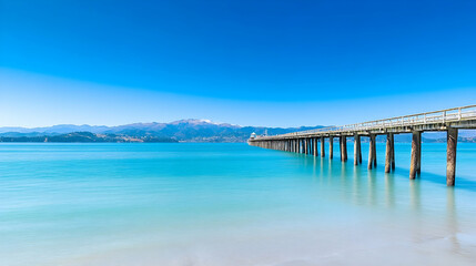 Obraz premium Tranquil wharf extending into turquoise sea under a vibrant sky. Snow-capped mountains in the distance. For travel and landscape themes