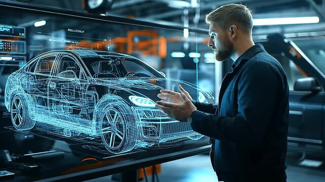 An engineer in a high-tech automotive plant analyzing D holographic schematics of a car model while robotic arms install key components.