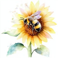 Watercolor Painting of Bumblebee on Sunflower Blossom Nature s Beauty in Vibrant Colors