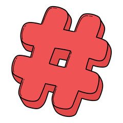 Hand drawn cartoon red hashtag symbol on white background.