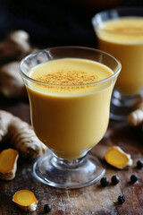 Glasses of a warm, bright drink with turmeric and black pepper on a wooden table