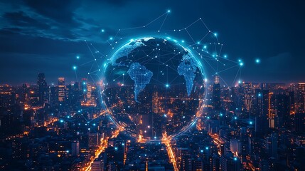 Obraz premium Digital Globe with Network Connections Over City Skyline