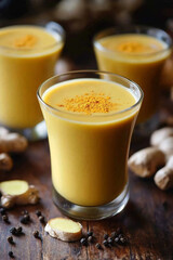 Glasses of a warm, bright drink with turmeric and black pepper on a wooden table