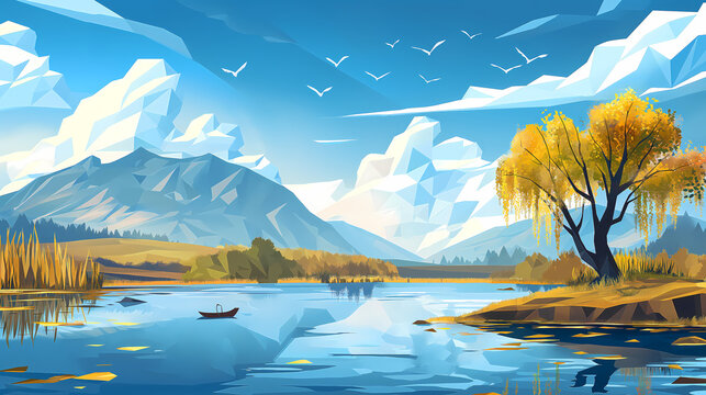 Low Poly Landscape: Forest, River Reflection & Cliff with Willow Bush
