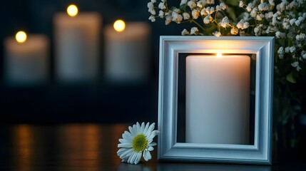Sympathetic Funeral Decor with Photo Frame, White Flowers, and Candle, Elegant Tribute Arrangement