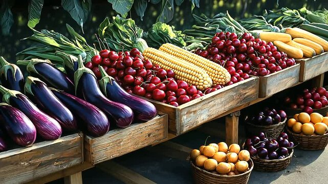 A fresh perspective of a farmer&rsquo;s market table overflowing with deep purple eggplants, bright yellow corn, and ruby-red cherries, the soft morning glow enhancing their natural colo