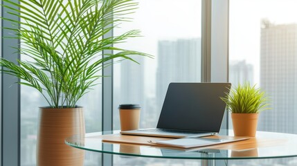 Modern Workspace on Terrace with Laptop and Green Plants Overlooking Cityscape View