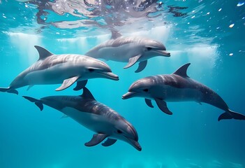 Fototapeta premium Underwater Encounter: A Family of Dolphins Gracefully Swimming in the Ocean's Embrace