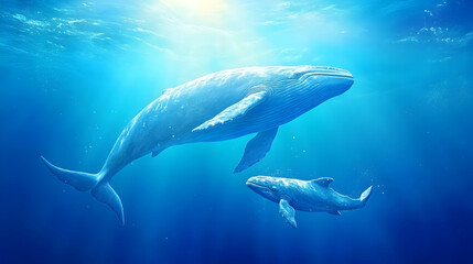 Obraz premium Whales swimming together underwater in bright sunlight. Use for conservation, education and ecosystem articles