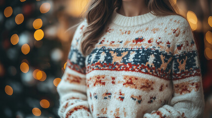 Festive Holiday Sweater with Snowflakes, Reindeer, and Christmas Trees in a Cozy Living Room