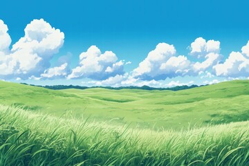 Fototapeta premium Lush Green Landscape Under Bright Blue Sky with Fluffy White Clouds