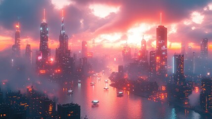 A futuristic cityscape at sunset with glowing lights and boats on a river.