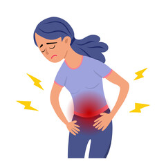 Woman has a pain in stomach belly area. Discomfort and illness filings. Medical treatment and therapy