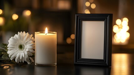 Calm and Elegant Still Life Featuring Photo Frame, White Flowers, and Candle, Ideal for Funeral Memorials