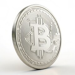 Close-Up of Detailed Bitcoin Coins in Shimmering  Platinum Finishes on a White Background, Ideal for Representing Cryptocurrency Themes, Digital Investment, and Modern Finance Concepts 