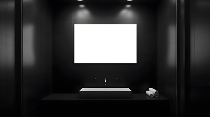 Fototapeta premium A black-and-white modern bathroom with sleek surfaces and a centered blank white frame.