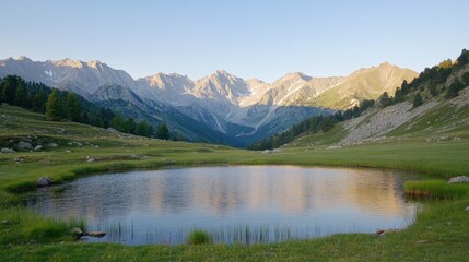 Serene Mountain Landscape with Calm Reflective Lake Surrounded by Lush Green Valley at Sunrise