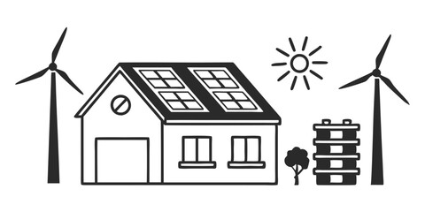 Renewable Energy Home – Solar Panels, Wind Turbines, and Battery Storage Illustration

