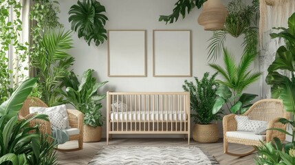 Stylish and Cozy Nursery Interior Design Surrounded by Lush Green Plants and Natural Textures