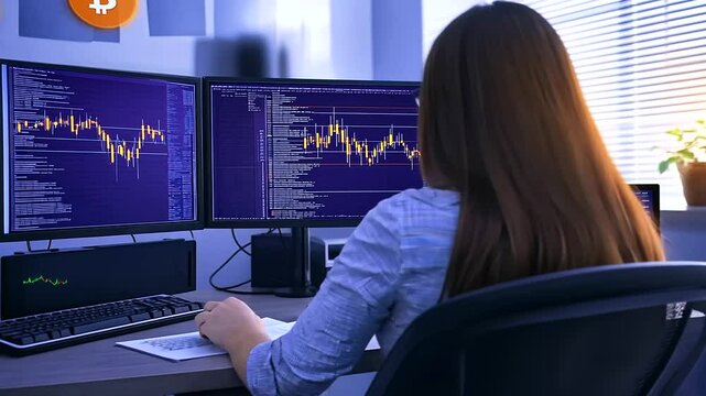 A tech-savvy female developer in a minimalistic office, writing blockchain smart contracts while multi-screen monitors showcase real-time transaction data and cryptographic functio