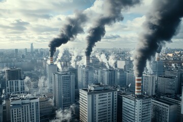 Cityscape air pollution Smokestacks emitting dark smoke over urban buildings