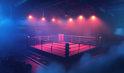 Empty boxing ring in a dimly lit warehouse; nighttime fight prep
