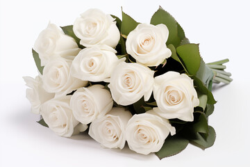 Obraz premium Elegant White Roses Bouquet on a Soft White Background, Symbolizing Love, Romance, and Purity – Perfect for Weddings, Special Occasions, and Floral Arrangements, Captured in Natural Light. 