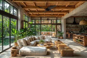 Fototapeta premium Tropical midcentury bungalow interior design lush greenery high fidelity open space natural light modern aesthetics