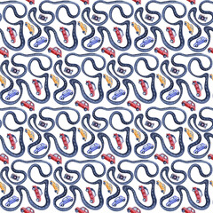 Watercolor seamless pattern with cars, road signs, maps and traffic lights