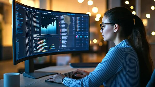A female data scientist analyzing big data visualizations on a curved monitor, her workspace glowing with analytical graphs, statistics, and Python scripts.