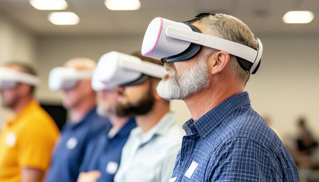 Businessman working with VR virtual reality headset. Group of individuals wearing VR headsets, engaged in a virtual reality experience, showcasing technology and modern innovation.
