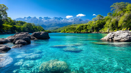 Obraz premium Calm azure water. Mountains on horizon. Lush green forest. Idyllic scene for travel, vacation, or relaxation ads
