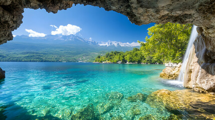 Cave view of waterfall flowing into crystal clear waters; mountains and forest in background. Could be used for travel or nature themes