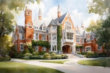 A soft watercolor painting of a beautiful ivy-covered college building with sunlight streaming through the trees