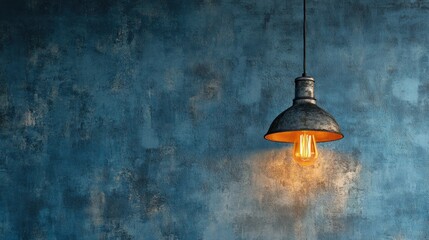 Obraz premium Rustic lamp illuminates textured blue wall, copy space