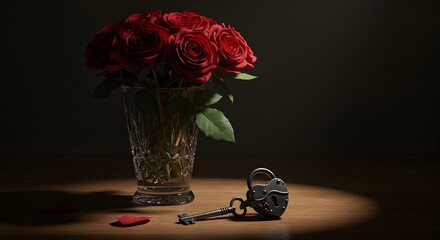 Artistic still life of red roses in a crystal vase next to a heart lock and key, moody side lighting2