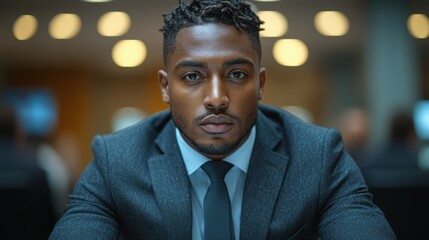 Obraz premium A man in a suit and tie is sitting at a desk. He is wearing a tie and has a serious expression on his face