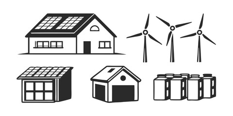 Renewable Energy Home – Solar Panels, Wind Turbines, and Battery Storage Illustration


