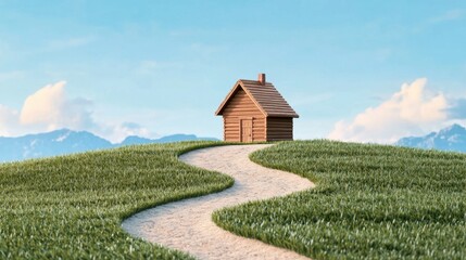 Fototapeta premium Serene Wooden Cabin on Grassy Hilltop Path Scenic View