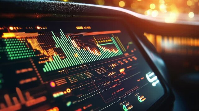 Glowing holographic interface showing various charts, graphs, and data points, providing insights into vehicle performance, navigation, or other relevant information while driving at night