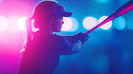 young athlete in a cap and jersey grips a baseball bat as vibrant blue and pink lights create a cinematic dynamic sports moment  
