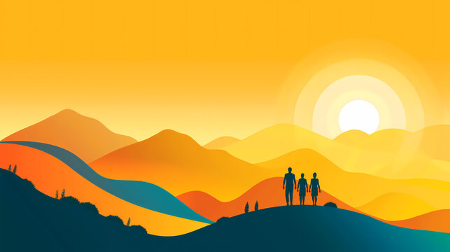Silhouettes of Three People Gazing at a Sunset Over Layered Mountains, Symbol of Unity


