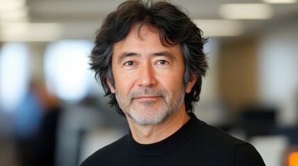 A man with a beard and gray hair is smiling at the camera. He is wearing a black shirt and a black tie