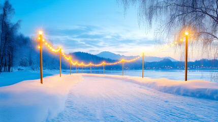 Festive lights adorn a snowy path near a tranquil lake at dusk, creating a magical winter scene for holiday greetings